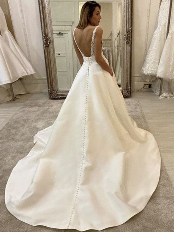 Wholesale A-Line/Princess Satin Lace V-neck Sleeveless Sweep/Brush Train Wedding Dresses
